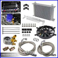 Universal 25 Row Engine Oil Cooler with Thermostatic Oil Filter Adapter 12V Fan